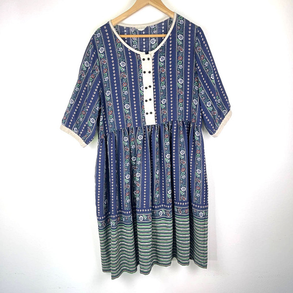Buyduk Blue Green Mixed Print Floral Striped Cotton Lagenlook Midi Dress Large - Picture 1 of 8